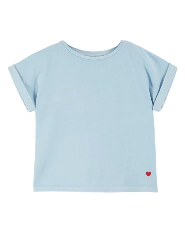 tee shirt bleu glacier coeur rouge brodé
